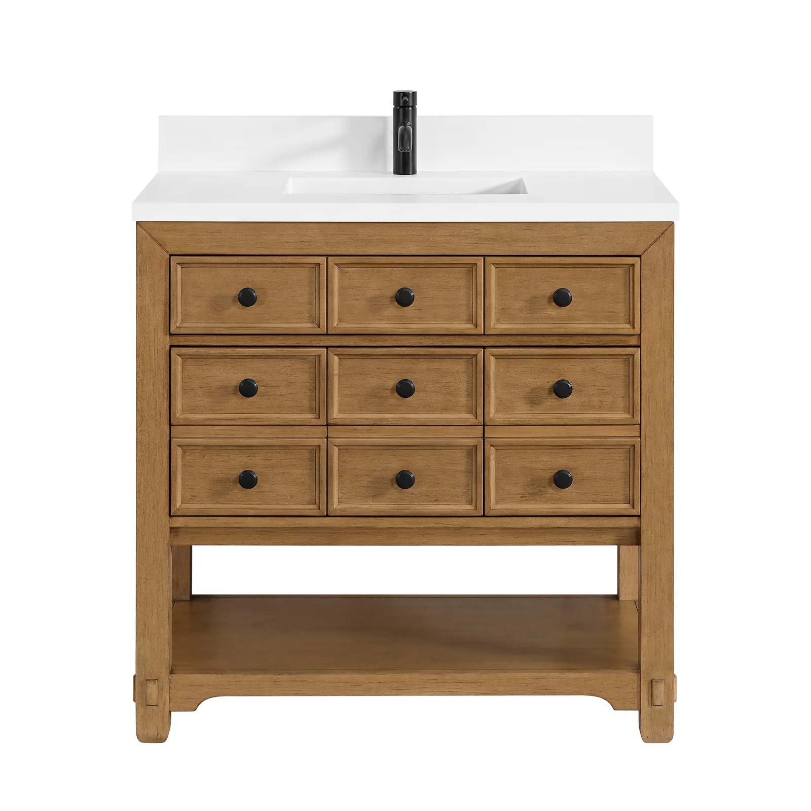 Malibu 36" Vanity Amber Birch finish with Silestone countertop and matte black hardware