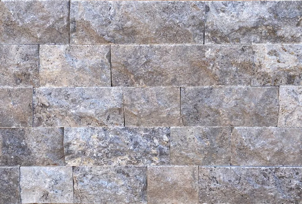 Silver Travertine Walling in freeform finish, natural travertine stone, elegant silver color