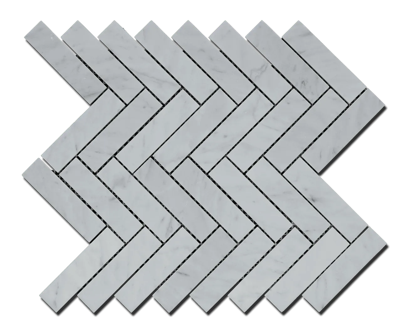 Carrara White Herringbone Mosaic tile in honed and polished finish, marble material, 8.5mm thickness