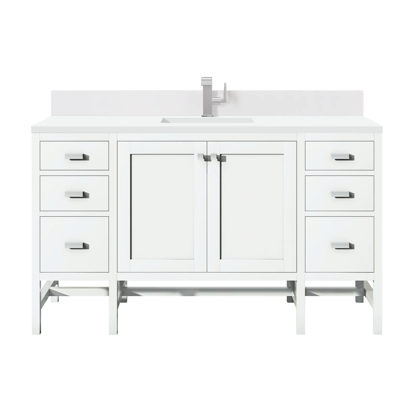 Addison 60" Vanity in Glossy White with Mid-Century Acacia accents, made of Yellow Poplar and Parawood materials.