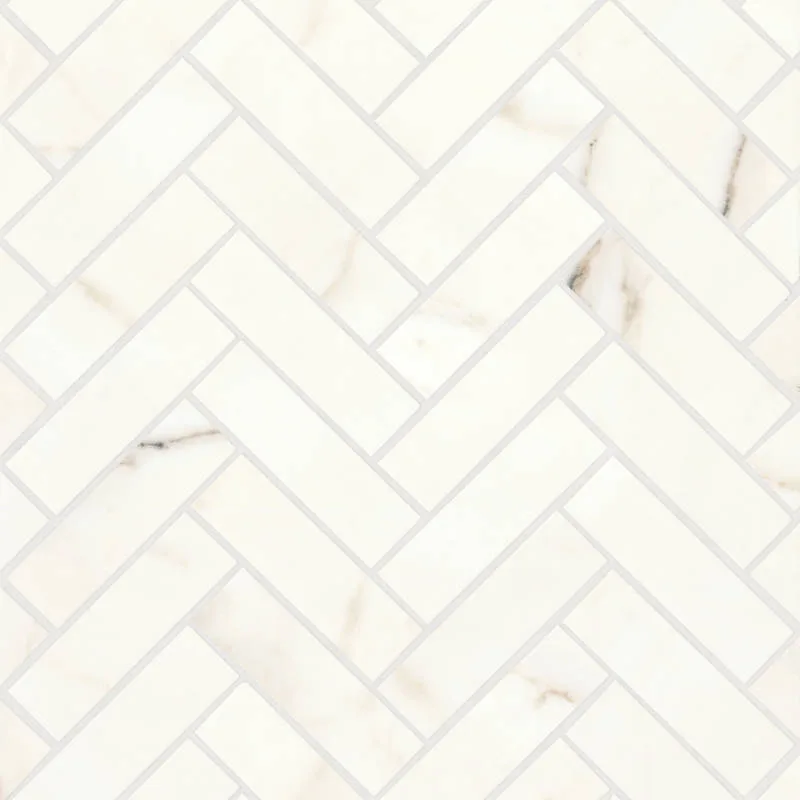 Magnifica Calacatta Oro Mosaic tile in herringbone pattern, honed finish, 12x12 size, porcelain material
