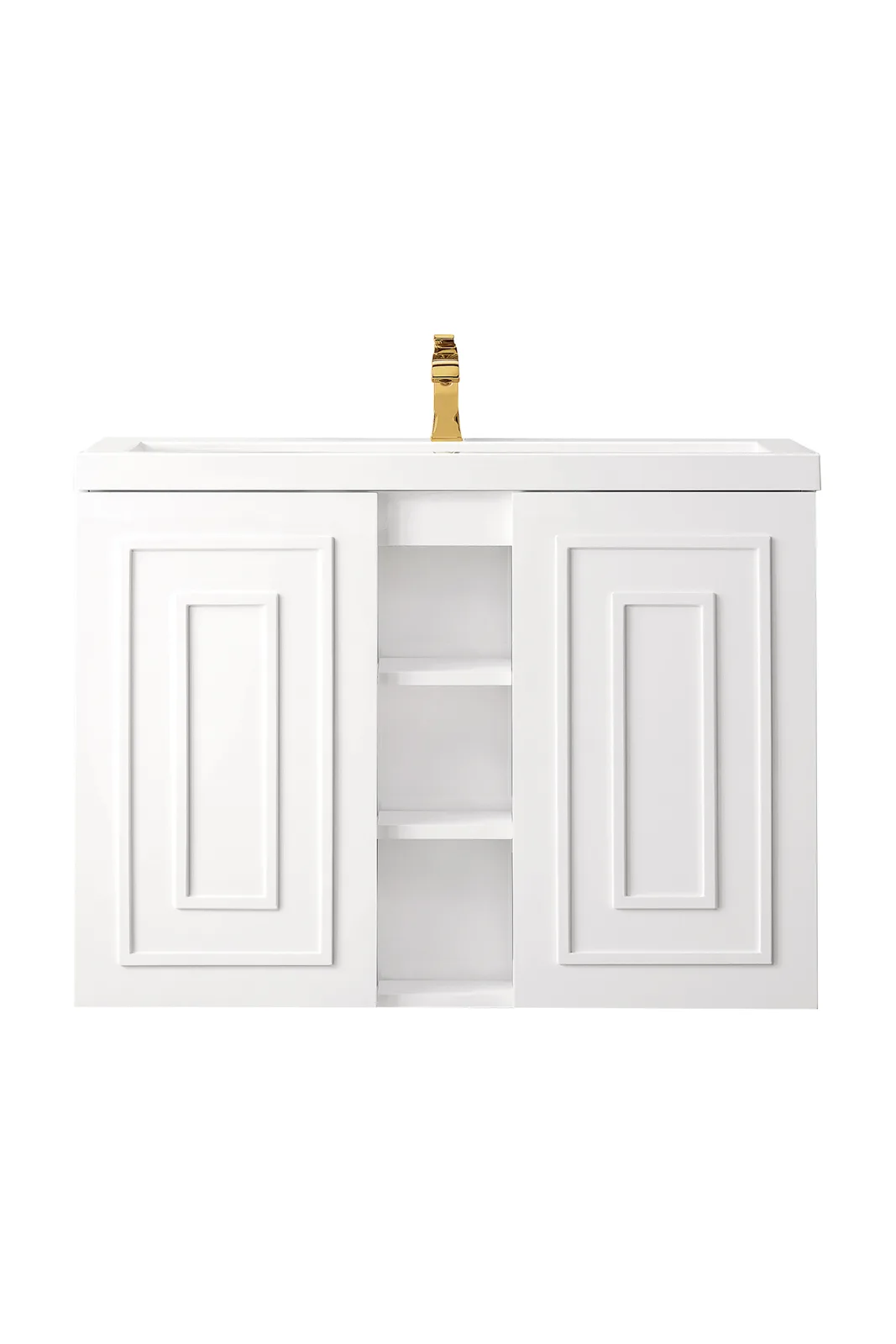 Alicante' 39.375" Vanity in Glossy White and Mid-Century Acacia, made from Yellow Poplar and Parawood, featuring a Mineral Composite sink