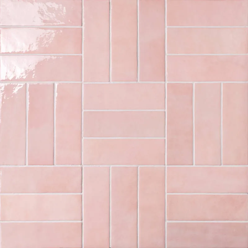 Pink Cloe ceramic tile in glossy finish, sizes 2.5x8, 0.5x8, and 5x5, perfect for walls and shower walls