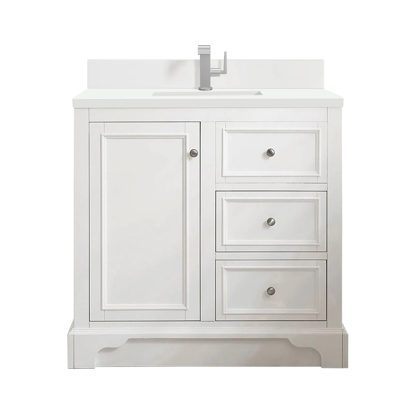 De Soto 37.25" Bright White Vanity with undermount porcelain sink and Silestone countertop, crafted from yellow poplar wood.