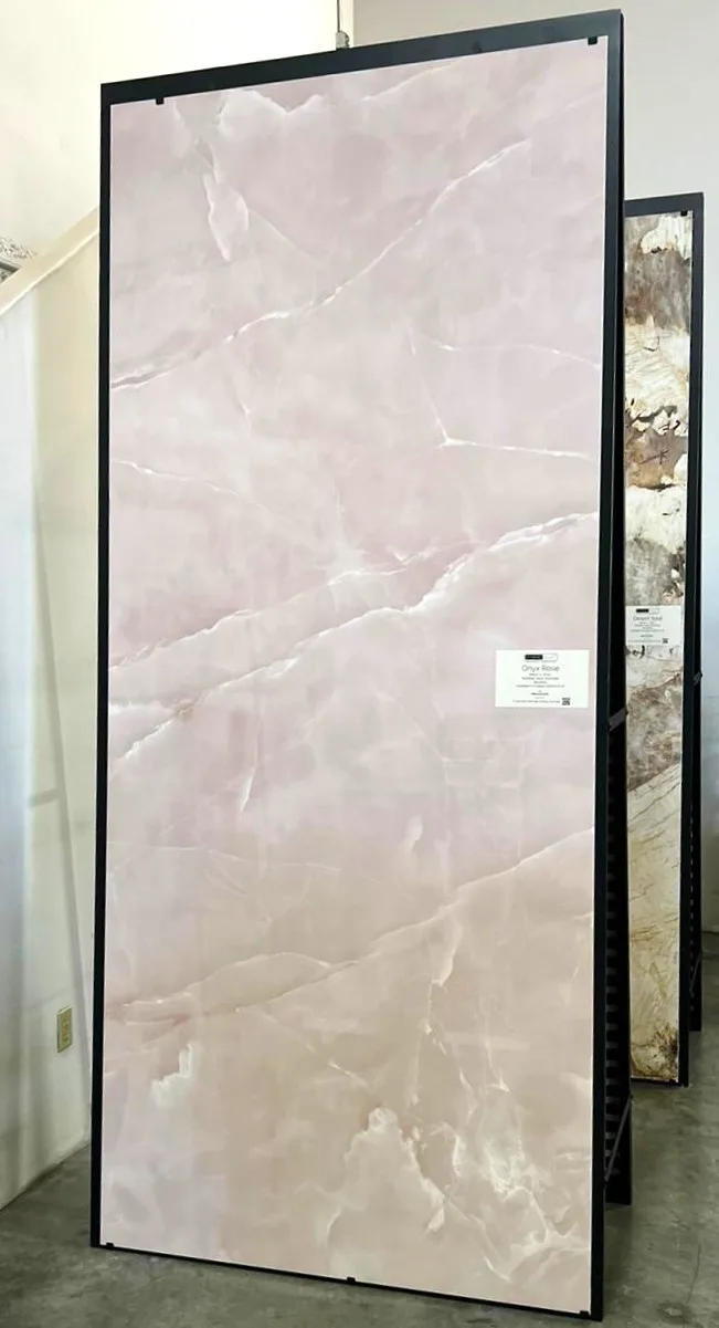 Onyx Rose polished porcelain wall panel, size 109" x 48" x 6mm, from Hybrid Slab Exquisite collection by Atlas Concorde