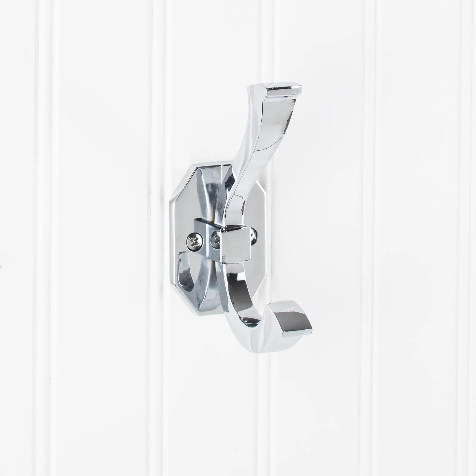 4-5/16" Double Zinc Wall Mount Hook in Polished Chrome finish, decorative hardware for stylish organization