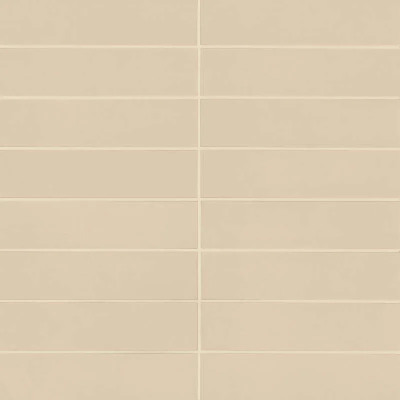 Ecru porcelain tile in matte finish, available in multiple sizes including 3x24 and 12x24, made from durable porcelain material