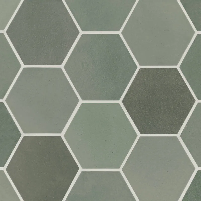 Sage hexagon porcelain tile in matte finish, size 0.5x8 and 4x5, perfect for walls and floors