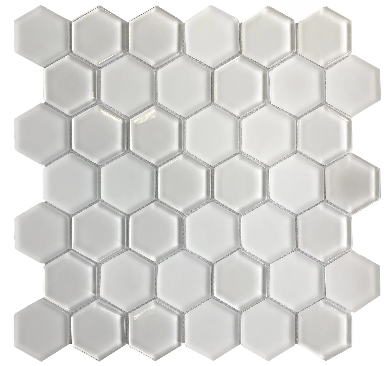 Omni 2x2 Glass Mosaic Tile in White, Grey, and Black colors with matte and glossy finishes