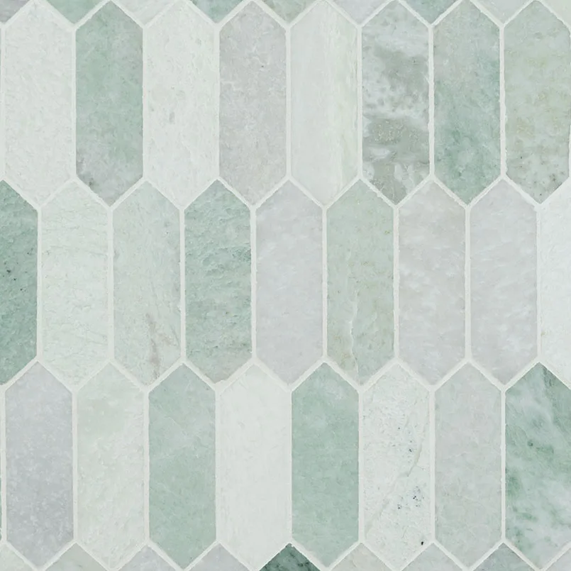 Icelandic Green Picket mosaic tile, polished finish, 3/8 inch thickness, vibrant green color, perfect for sophisticated interiors.
