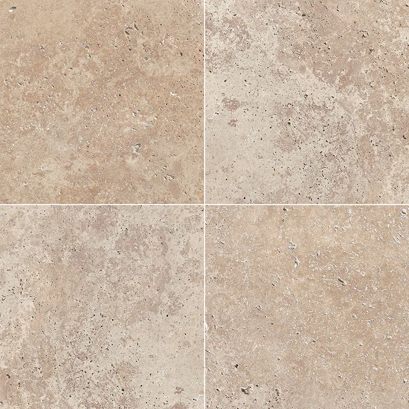 Tuscany Walnut Natural Stone Tile in brown color with dual finish, available in sizes 12x12, 18x18, and 12x24, made of travertine