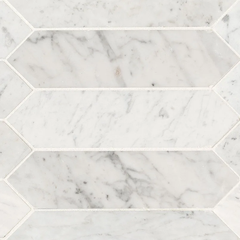 Carrara White 3x12 Picket Mosaic Tile in honed finish, 3x12 size, made from high-quality marble