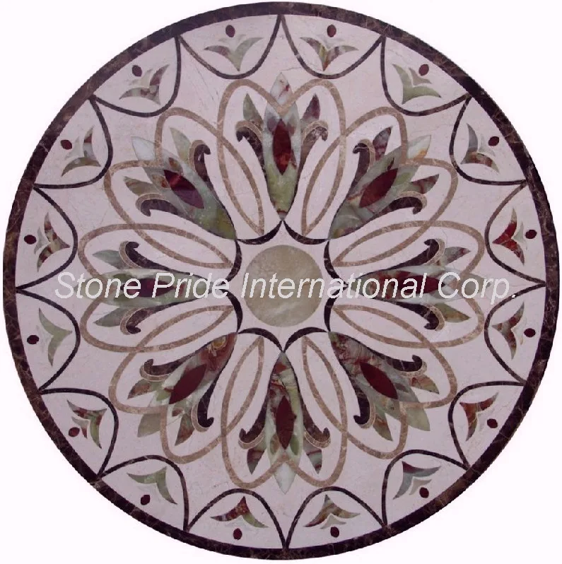 Lily's Crown marble medallion in elegant white and grey tones, waterjet cut with aluminum backing, ideal for flooring and inlays