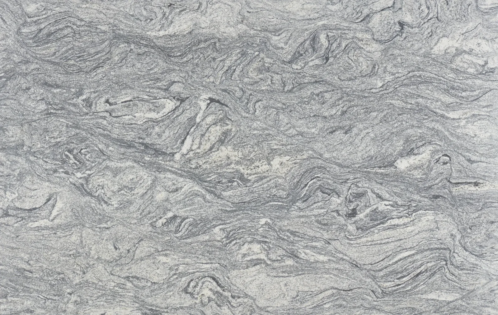 Silver Cloud Satin Granite Countertop with a satin finish and gray/black veining, 2CM and 3CM thickness options, ideal for versatile applications.