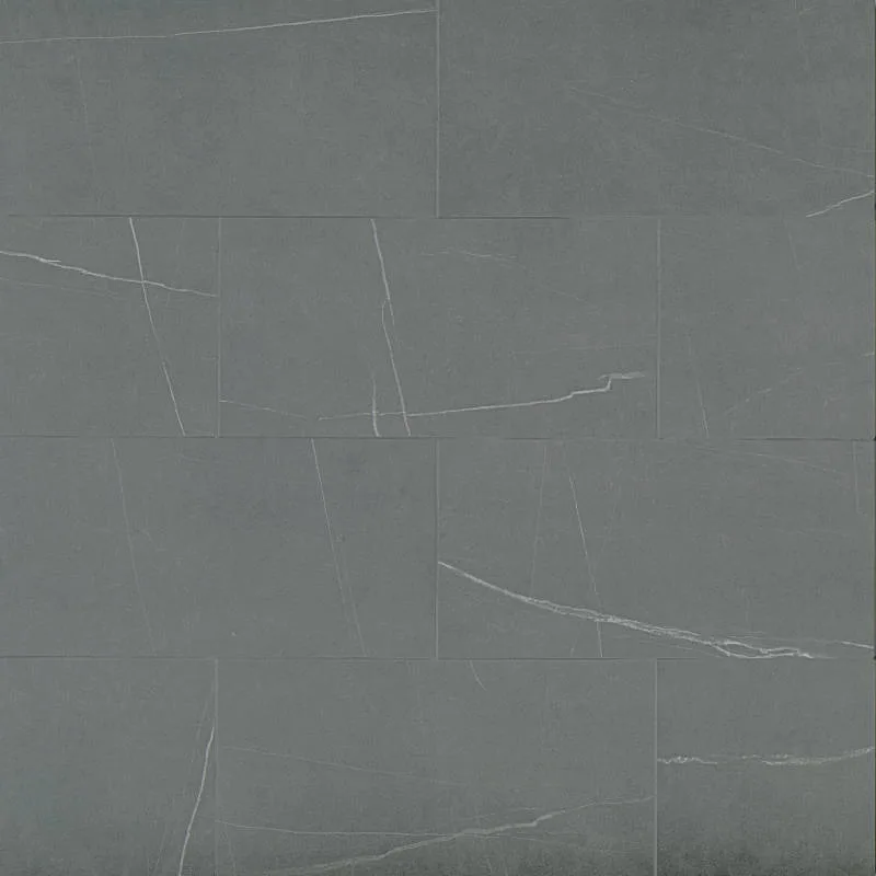 Noir porcelain tile in matte finish, available in sizes 3x24, 12x24, and 24x48, ideal for floors, walls, and countertops.