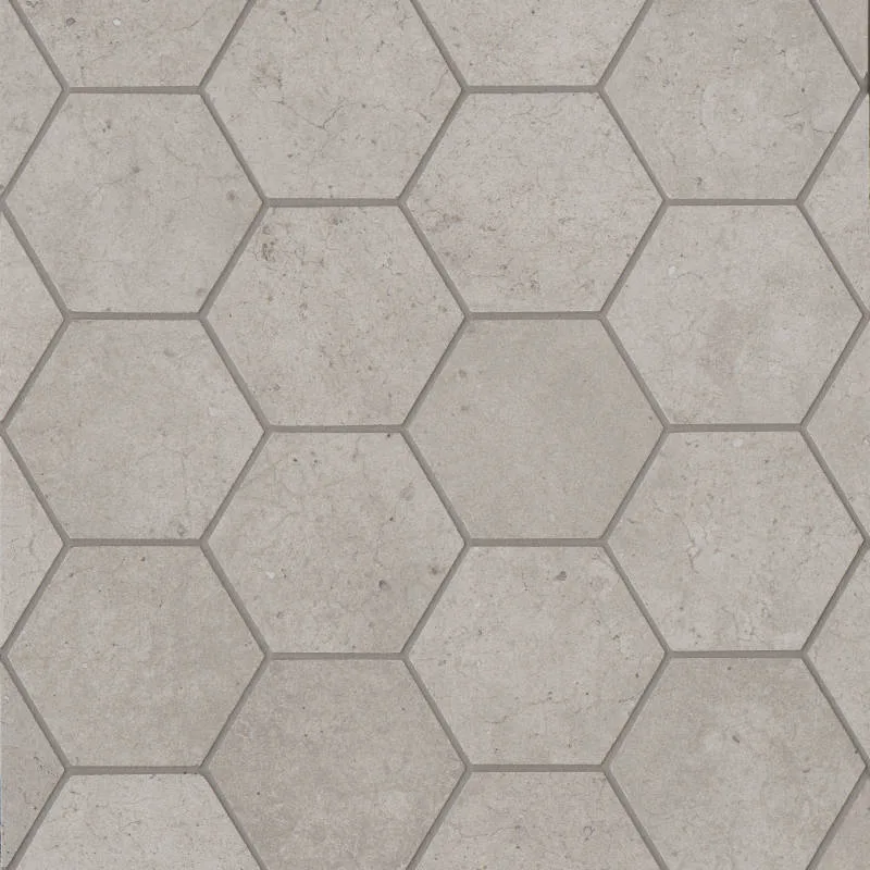 Greige hexagon mosaic tile in matte porcelain finish, size 10.25x11.75 and 3x24, suitable for various applications
