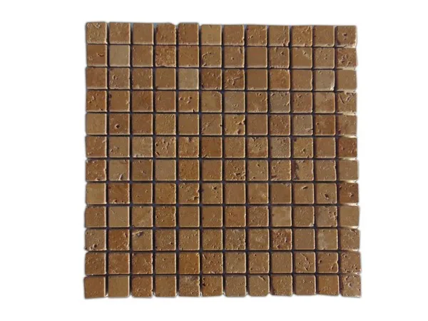 Noce Toros Travertine Mosaic Tile in tumbled finish, 1x1 and 2x2 sizes, made of natural travertine