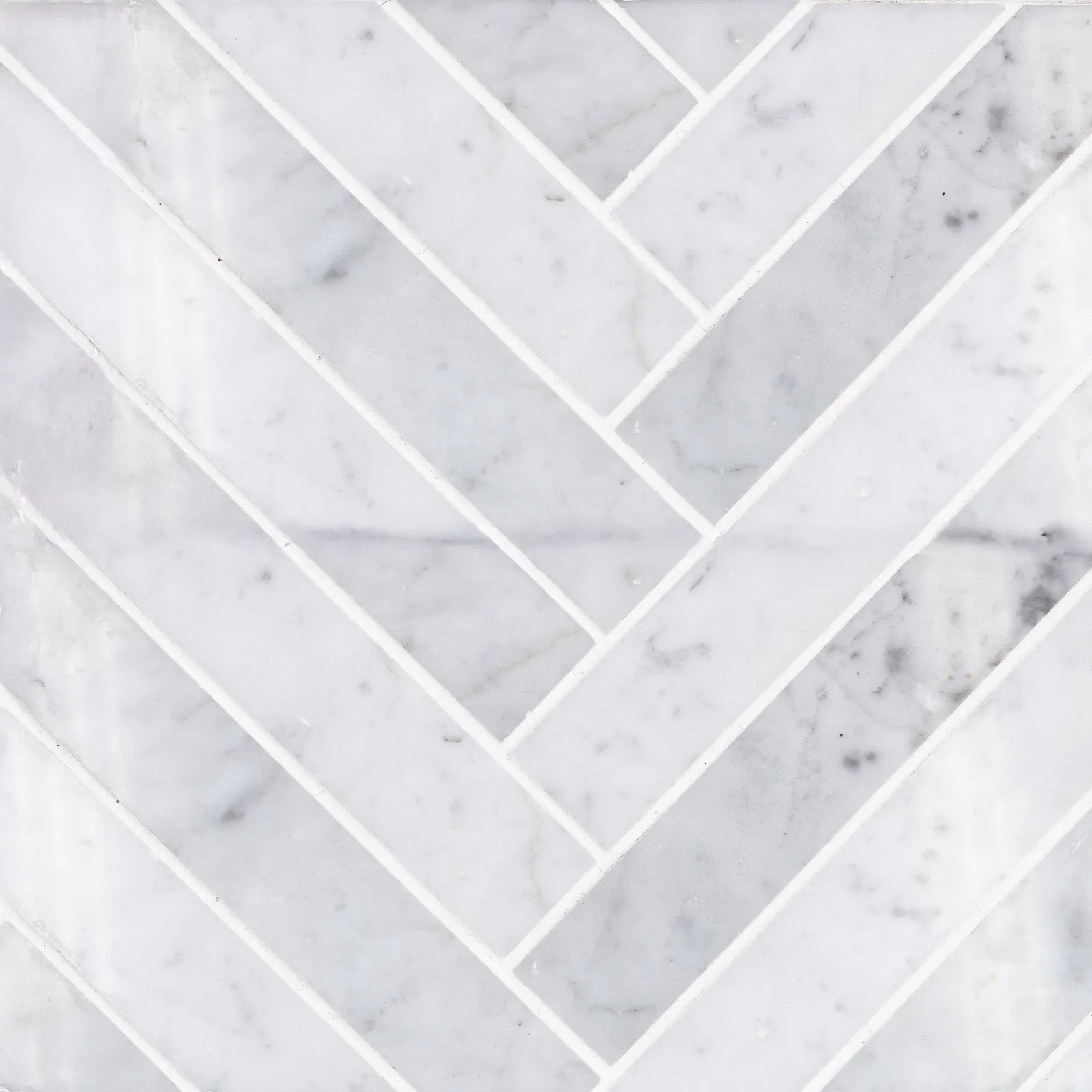 Sto-re Herringbone Porcelain Tile in Carrara and Volakas, polished finish, 1-1/2X9 size, durable 10mm thickness