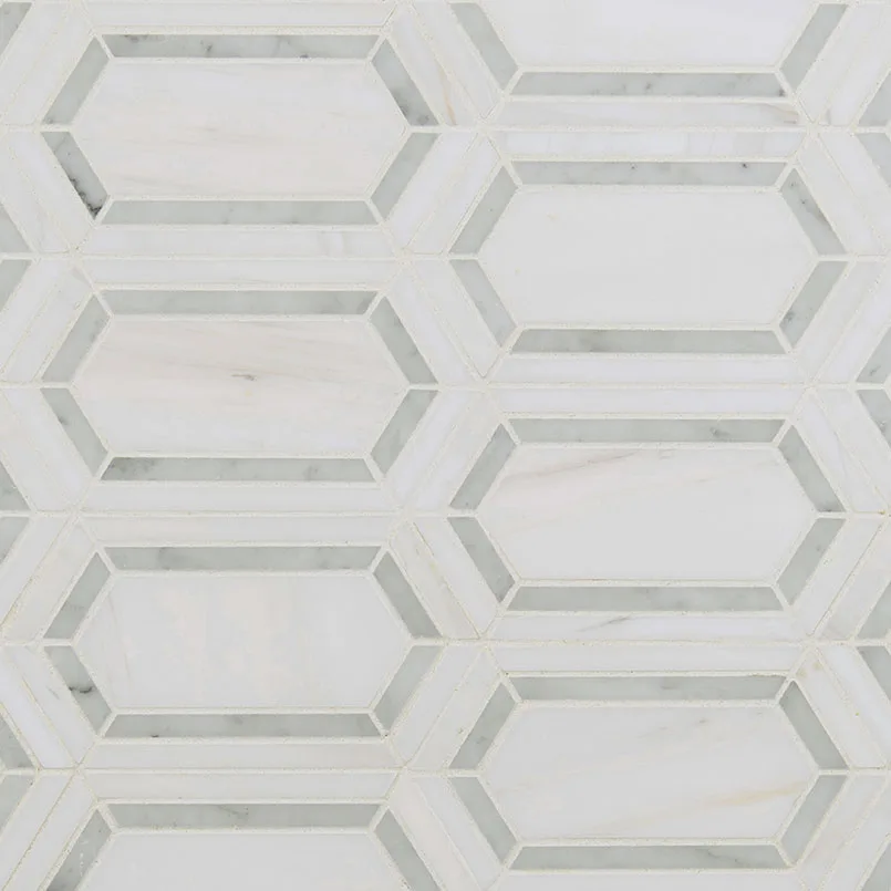 Pavilion Picket Mosaic Tile in White-Cool finish, polished marble, 3/8 inch thick