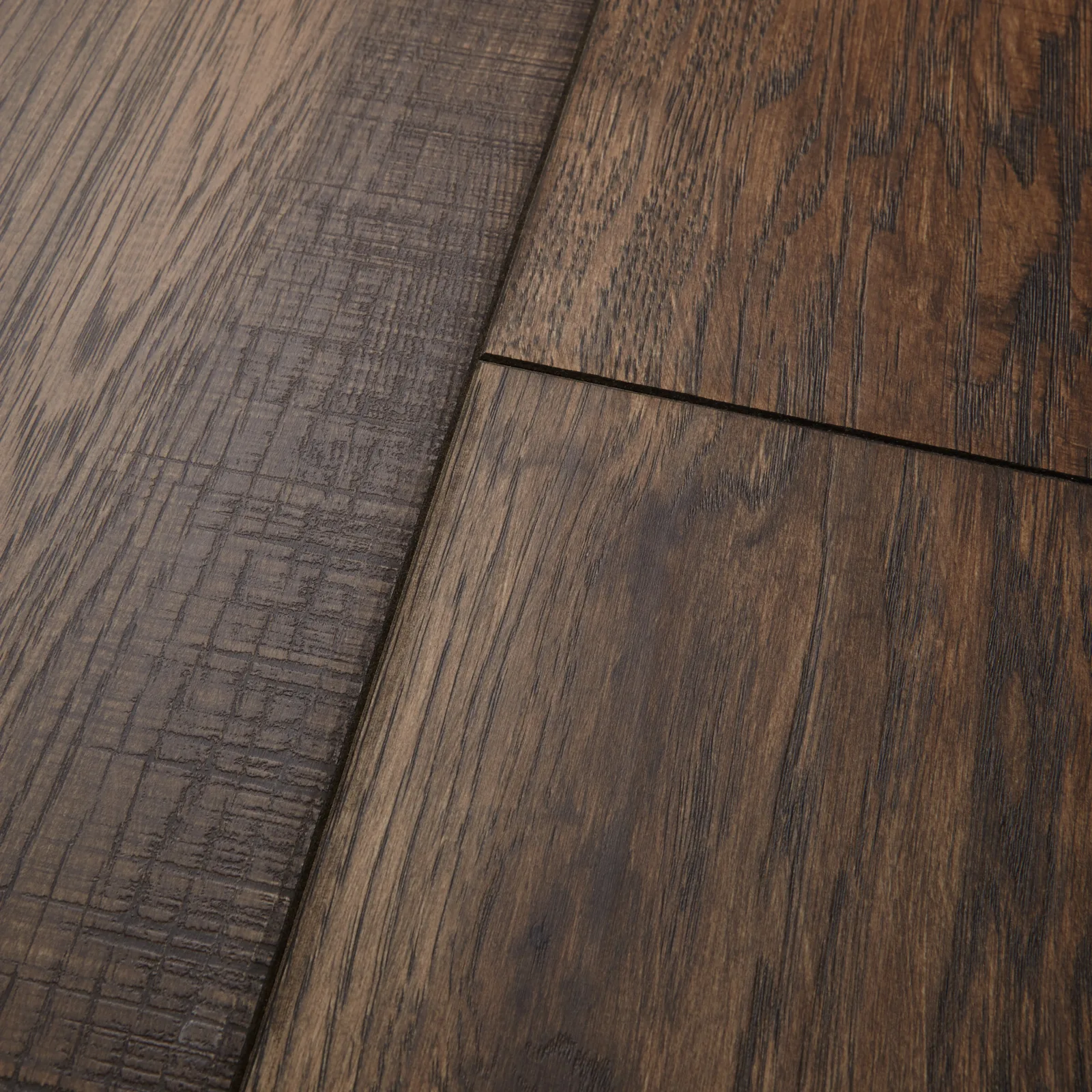 Hillside Hickory laminate flooring in Acorn, Stone, Coal, and Ember colors, 12mm thickness, 8" width, high-quality laminate material