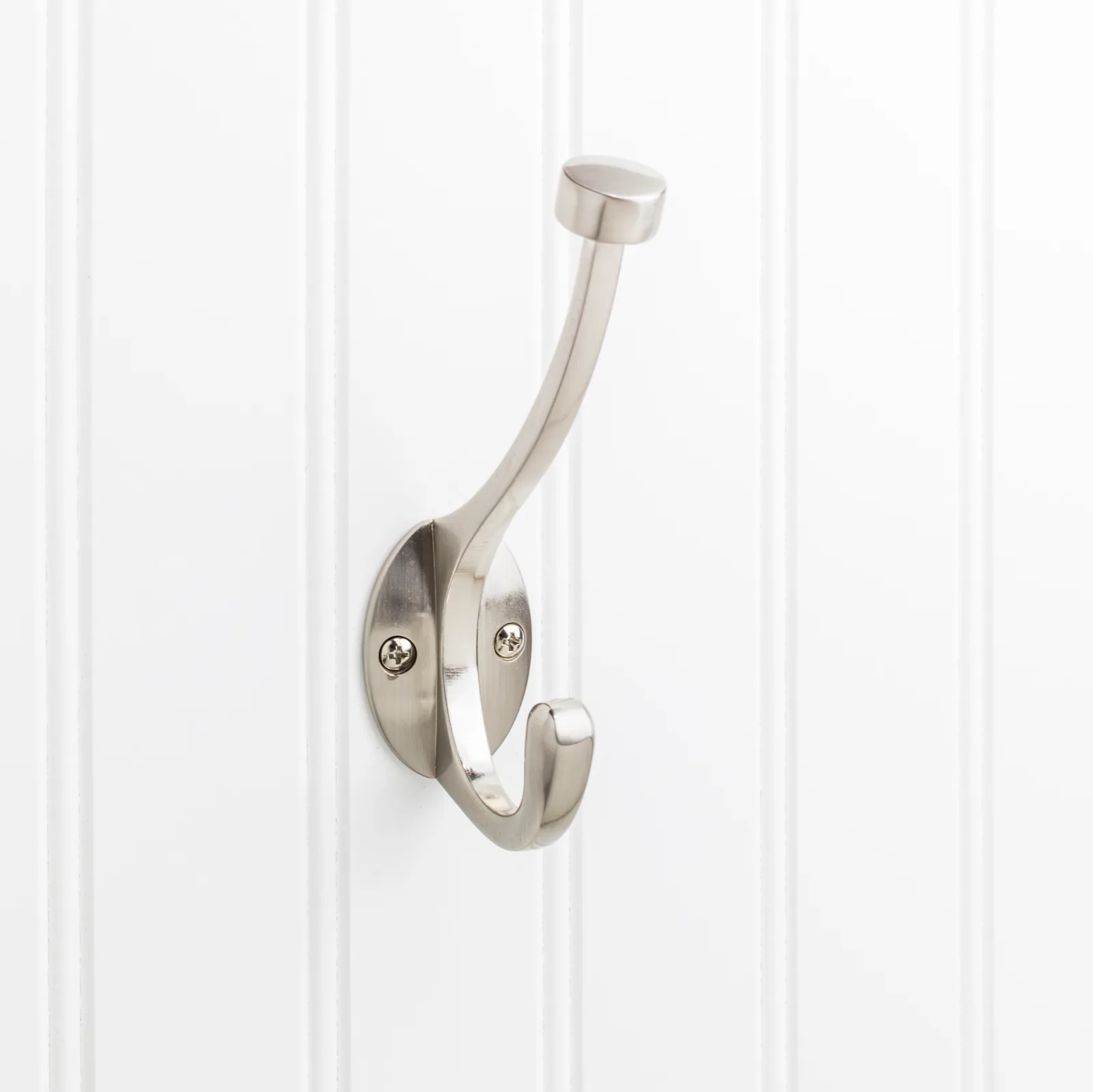 5-1/2" Double Zinc Wall Mount Hook in Satin Nickel finish, decorative hardware for stylish organization