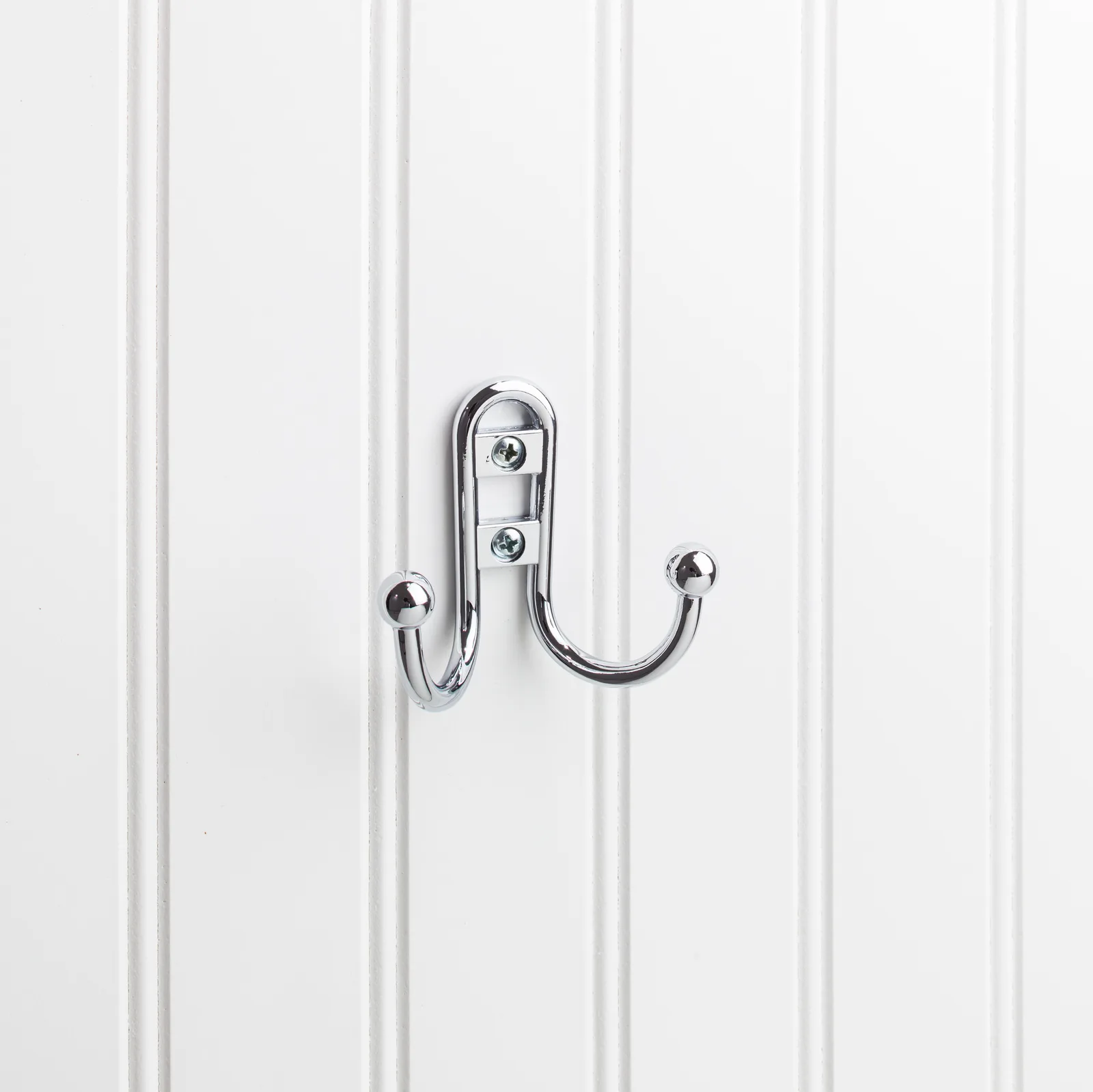 2-9/16" Double zinc wall mount hook in polished chrome finish, decorative hardware for stylish organization