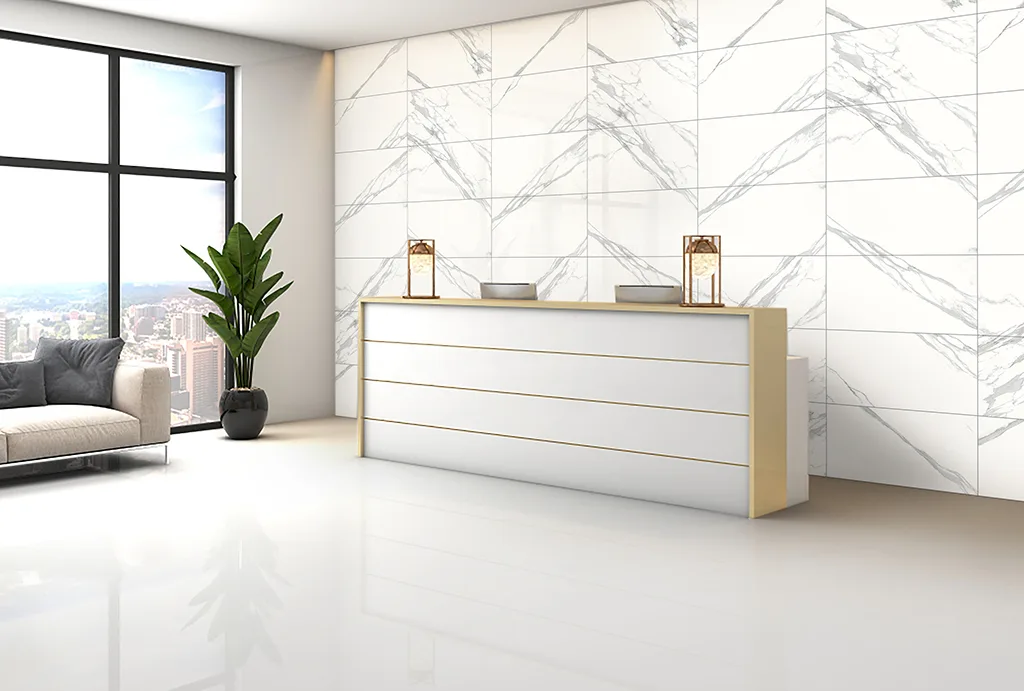 Statuario Spider porcelain tile in white color, polished finish, size 12x24