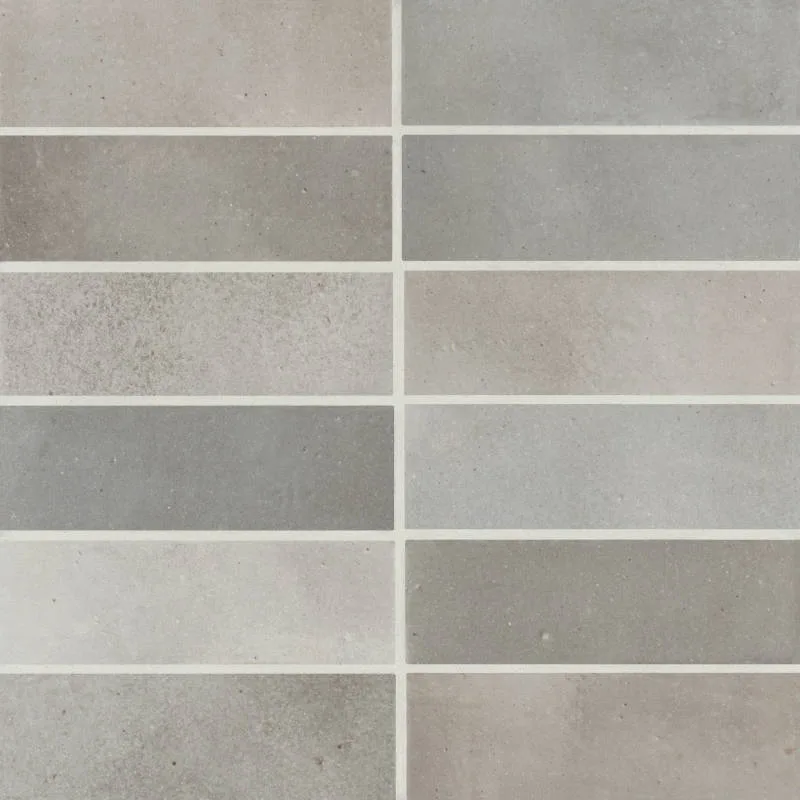Greige porcelain backsplash and wall tile in matte finish, available in 4x4, 2x6, and 2.5x12 sizes, from the Celine collection by Bedrosians.