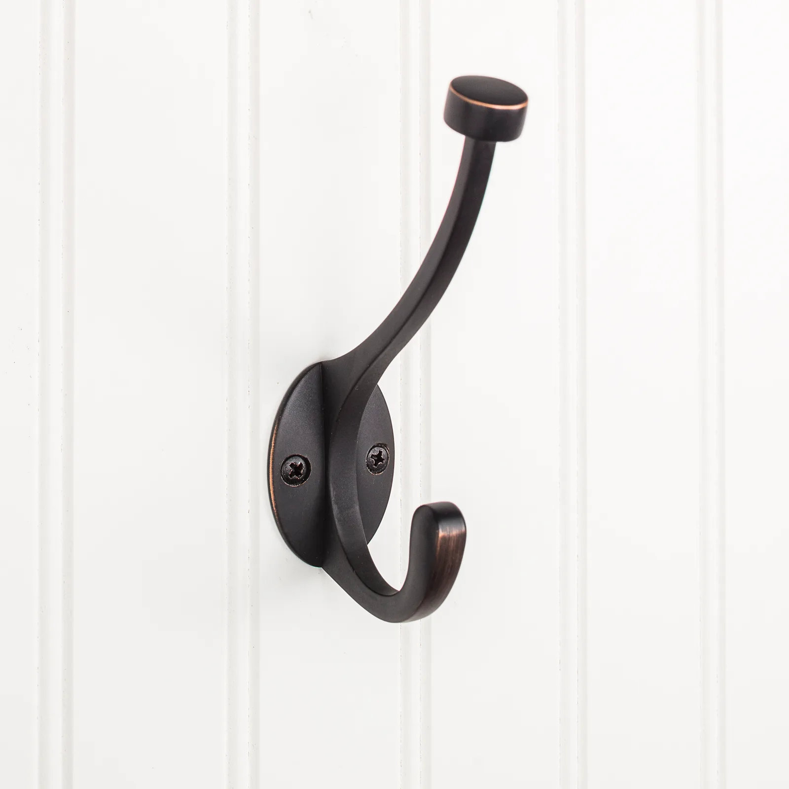 5-1/2" Double zinc wall mount hook in brushed oil rubbed bronze finish, decorative hardware for home organization