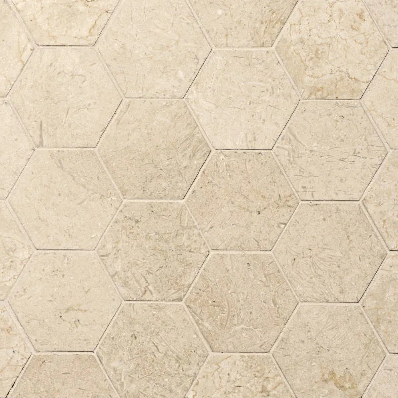 Crema Marfil Select Wall Mosaic Tile in honed finish, hexagon shape, 10.5x12 size, marble material
