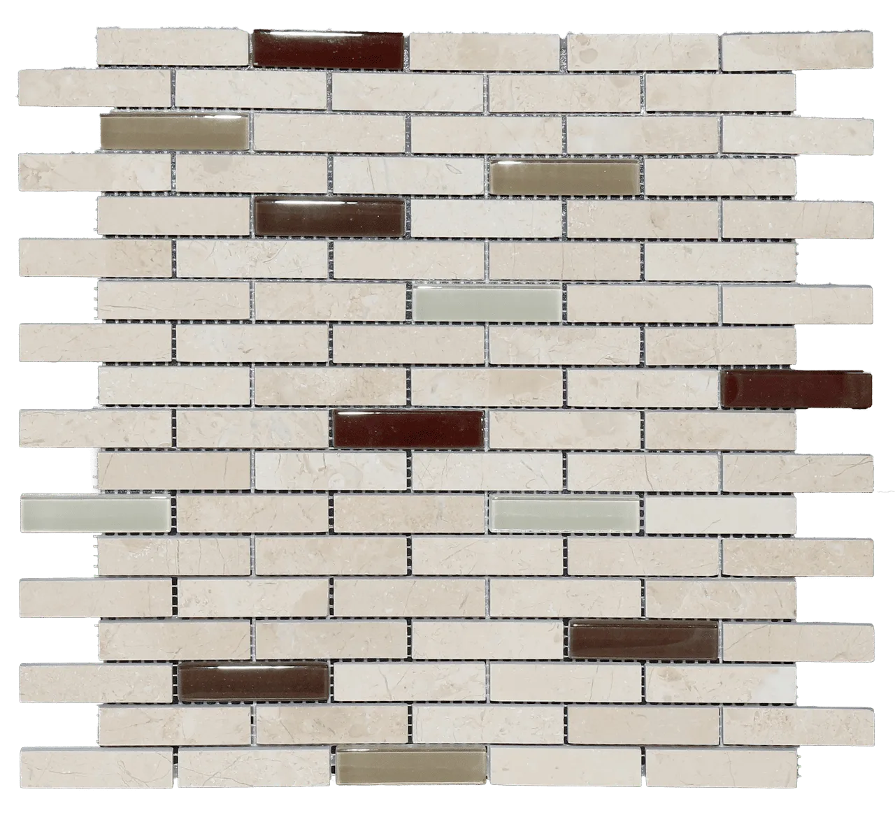 Sandy Beige With Glass 5/1/2 Brick Mosaic Tile, polished marble, 8.5mm thickness, warm beige color