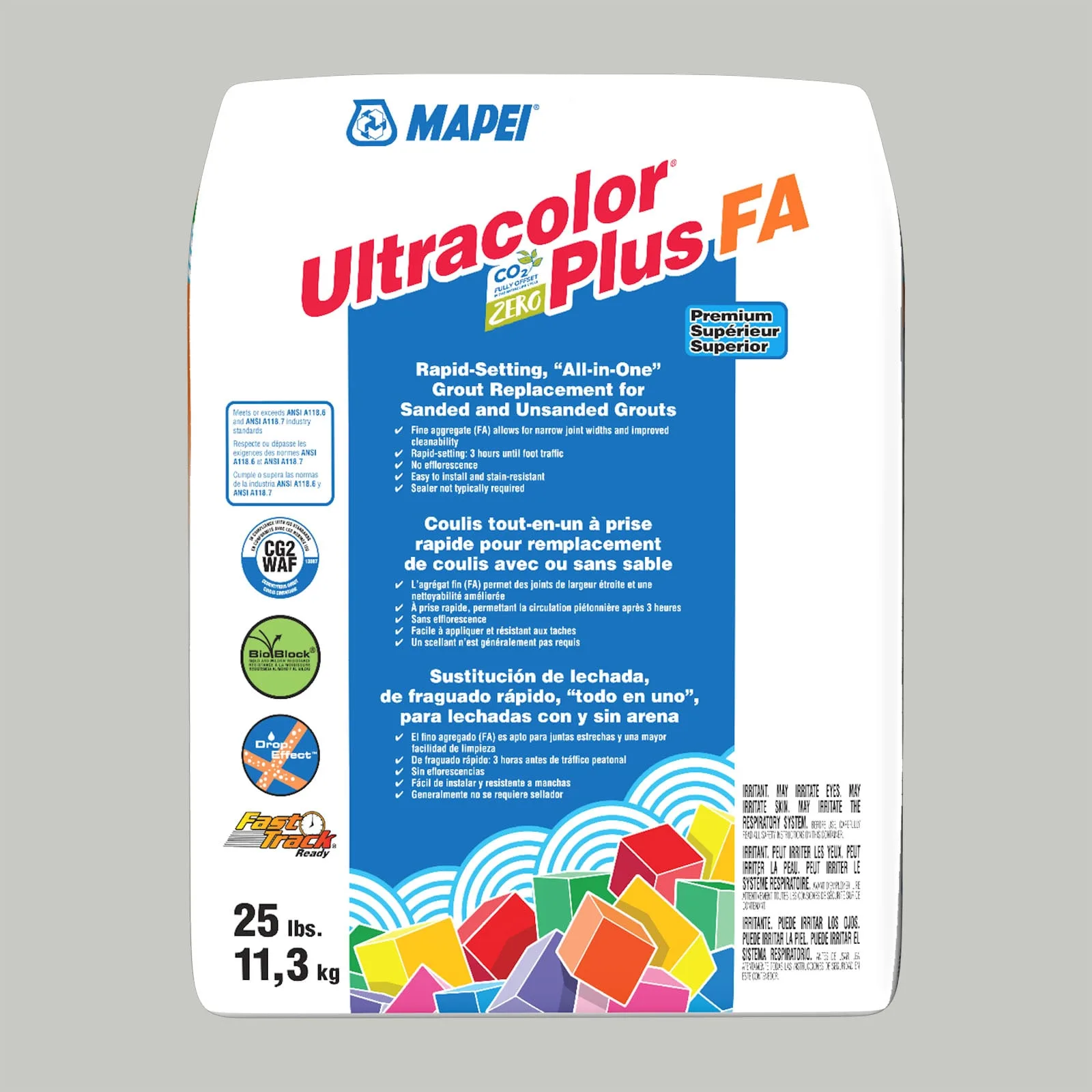 Mapei Ultracolor Plus FA Warm Gray Grout 25-lb bag, all-in-one grout in warm gray color, perfect for versatile tile applications.