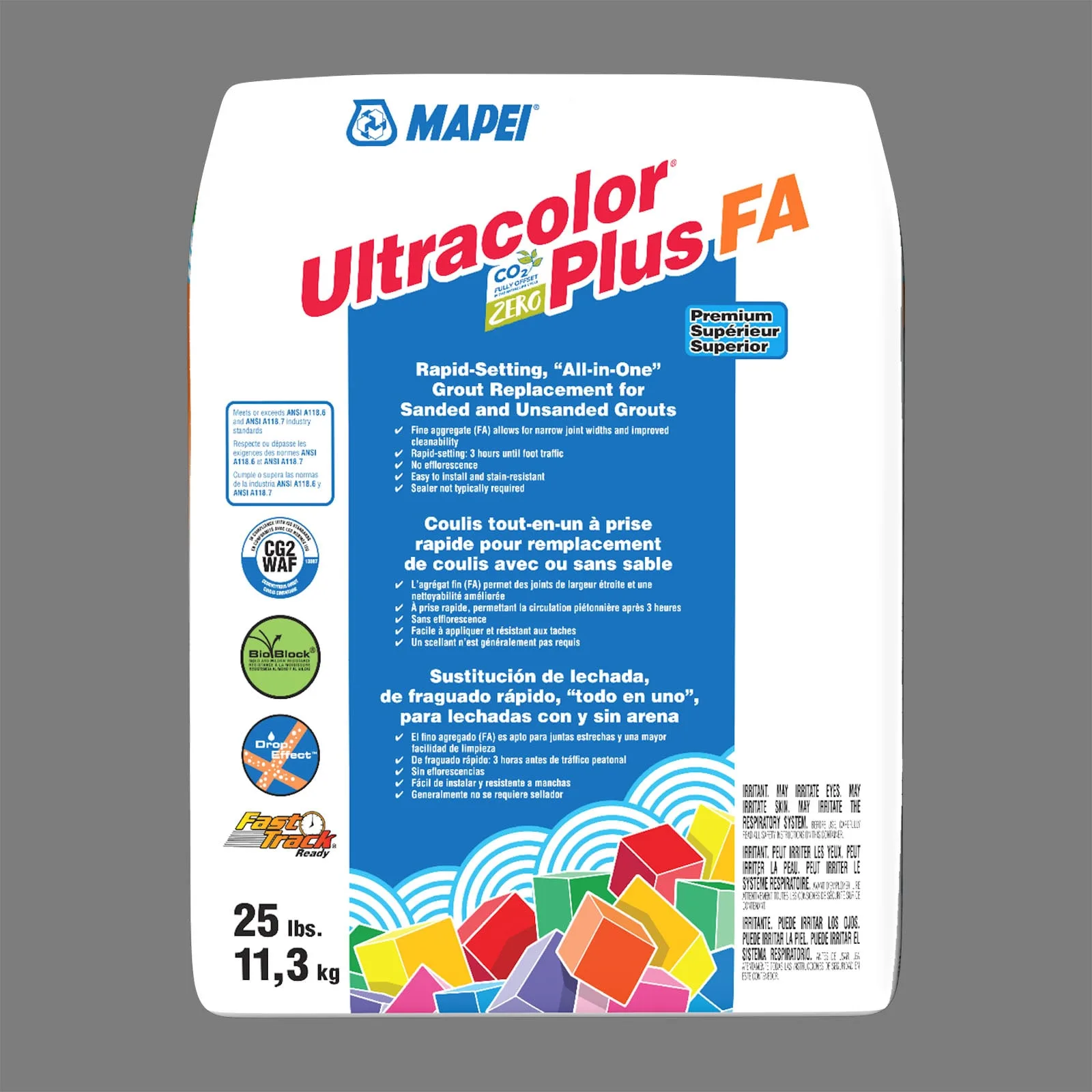 Mapei Ultracolor Plus FA Pearl Gray Grout 25-lb bag, all-in-one grout in a modern pearl gray color.