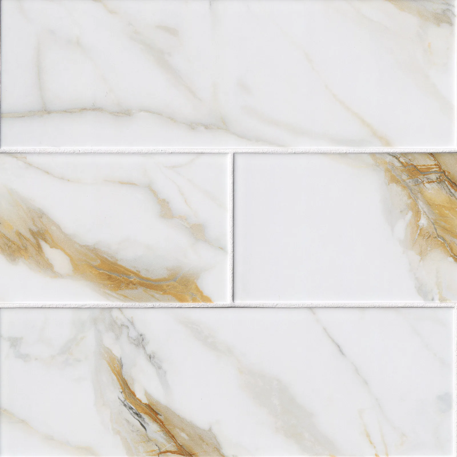 Calacatta Gold Natural Stone Tile - warm cream with gold veining, available in matte, polished, and honed finishes, sizes 12x12, 12x24, 18x18
