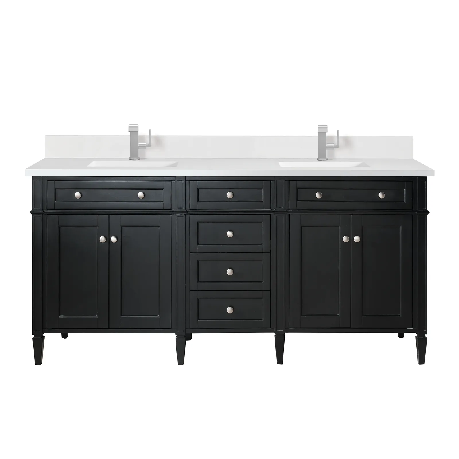 Brittany 72" Vanity in Black Onyx finish, made of yellow poplar, featuring ample storage and elegant design.