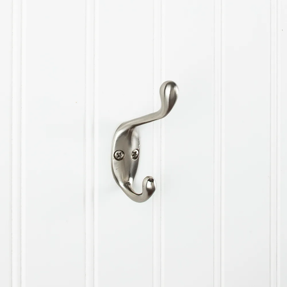 3-3/8" Double Zinc Wall Mount Hook in Satin Nickel finish, decorative hardware for stylish organization