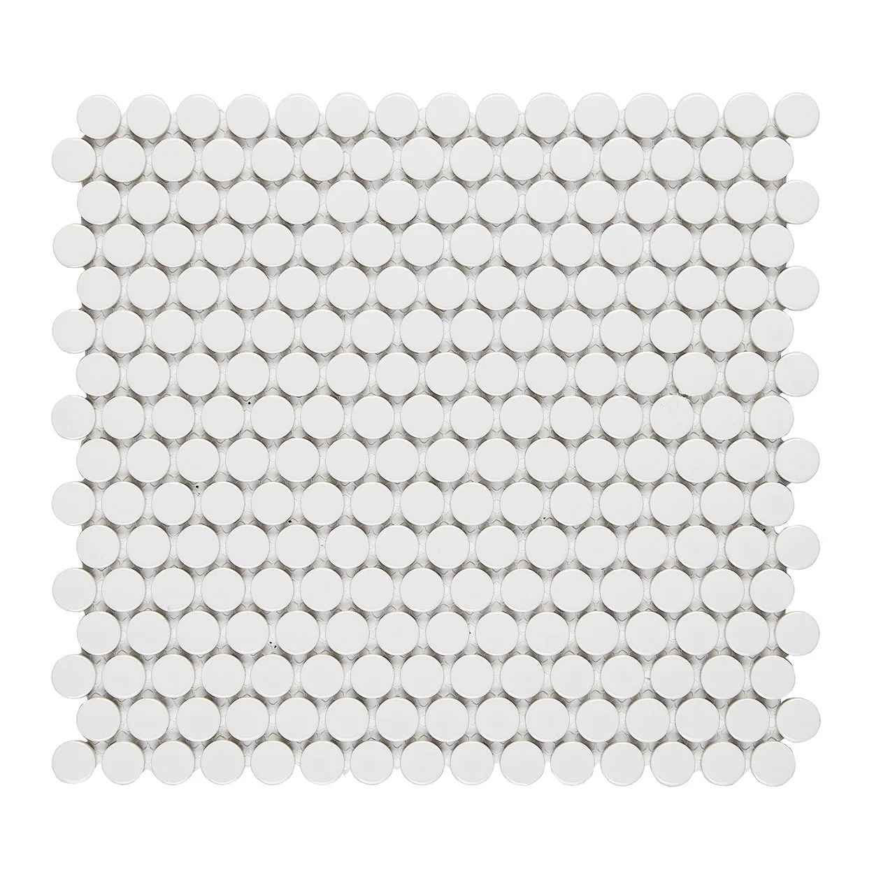 White Penny Round Mosaic Tile in glossy and matte finishes, 12.4x11.6 inches, porcelain pressed material