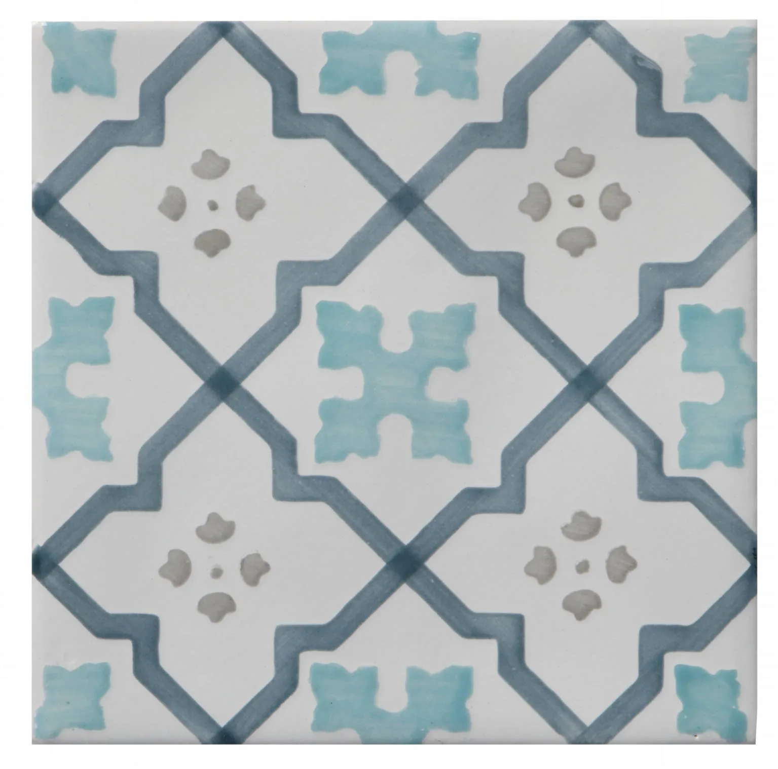 Talisman Deco ceramic tile in Poniente and Terral colors, 4x4 size, glossy finish, handcrafted ceramic material