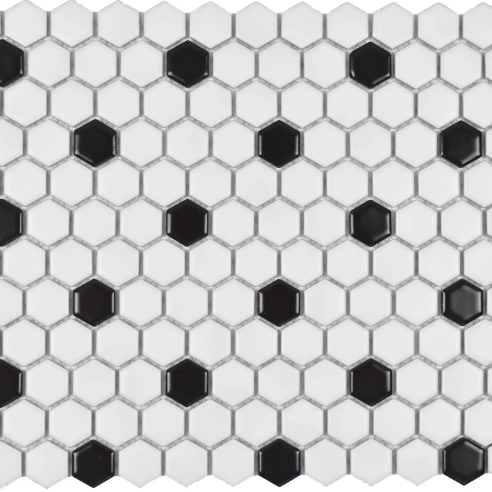 Matte White & Black 1x1 Hexagon Mosaic Tile in glazed porcelain, 12x12 size, modern matte finish