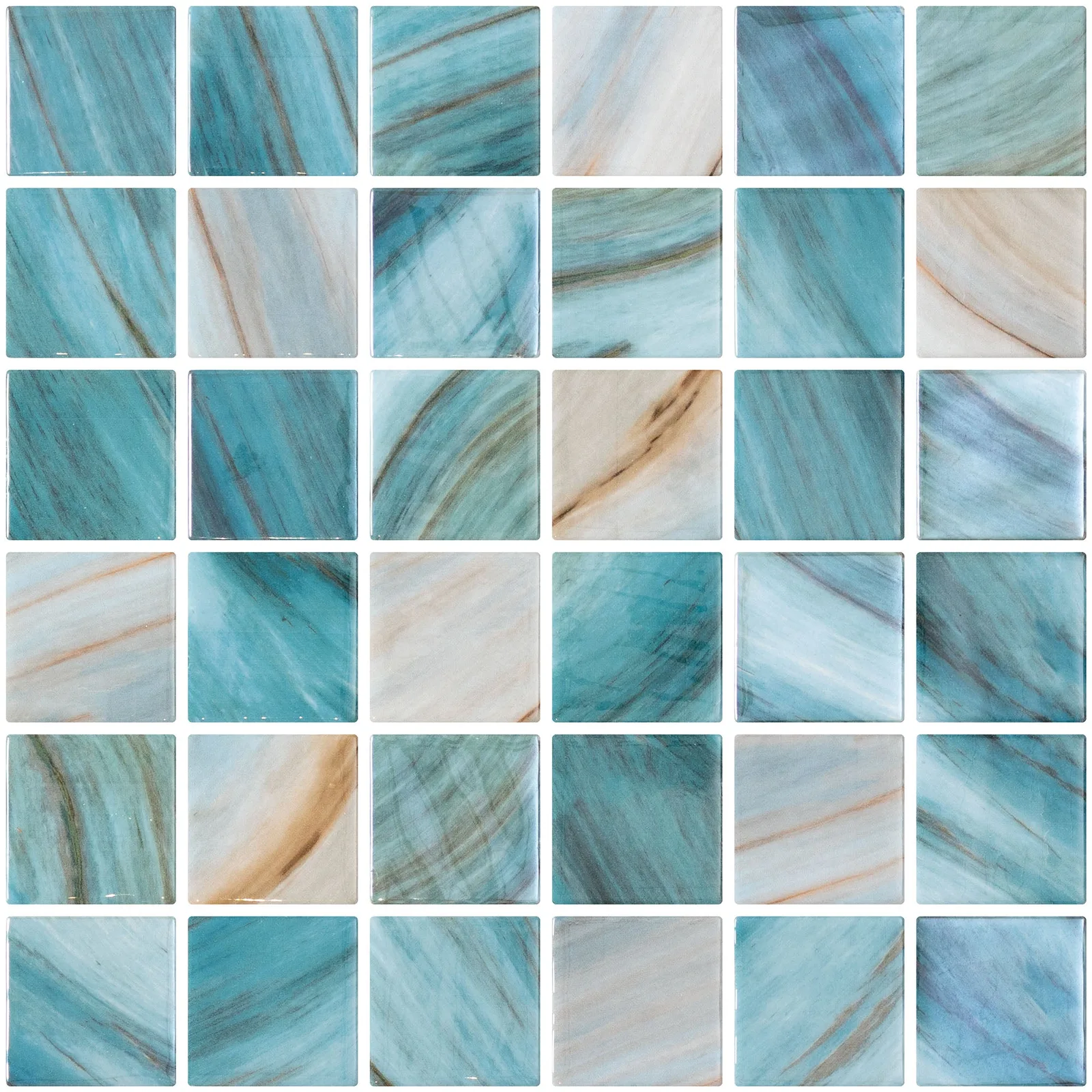 Onix Glass Penta Iridis mosaic tile in glossy finish, color DELBIN, ZHOE, ZAIRA, 2x2 size, glass material