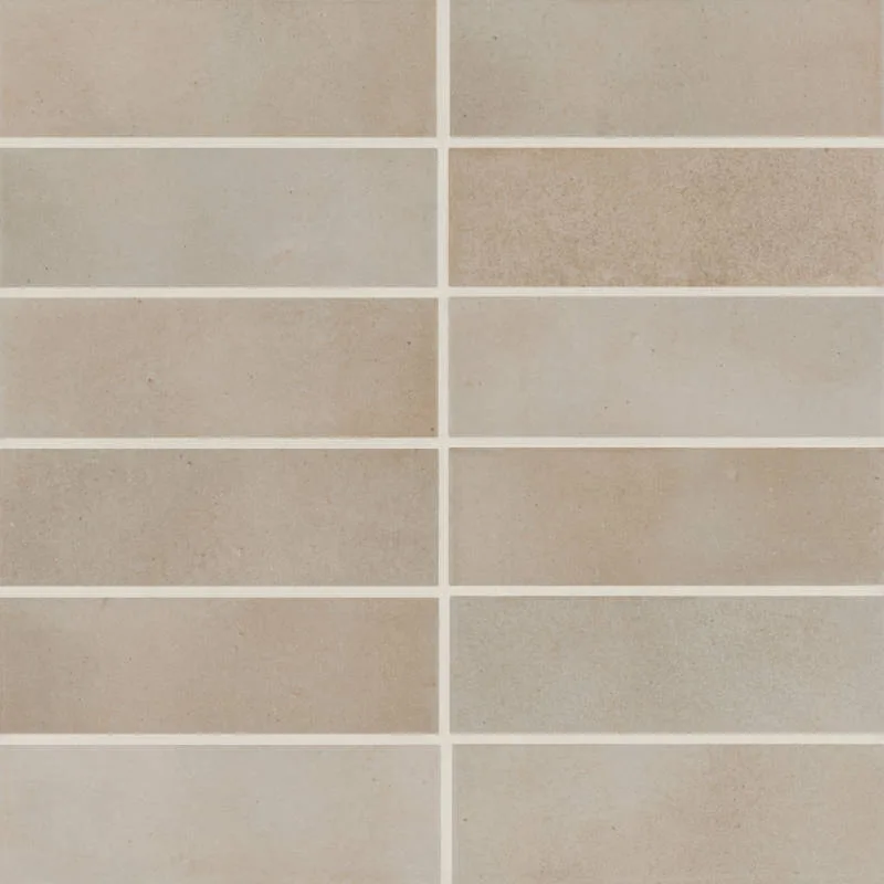 Taupe porcelain backsplash tile in matte finish, sizes 4x4, 2.5x12, and 2x6 from the Celine collection by Bedrosians