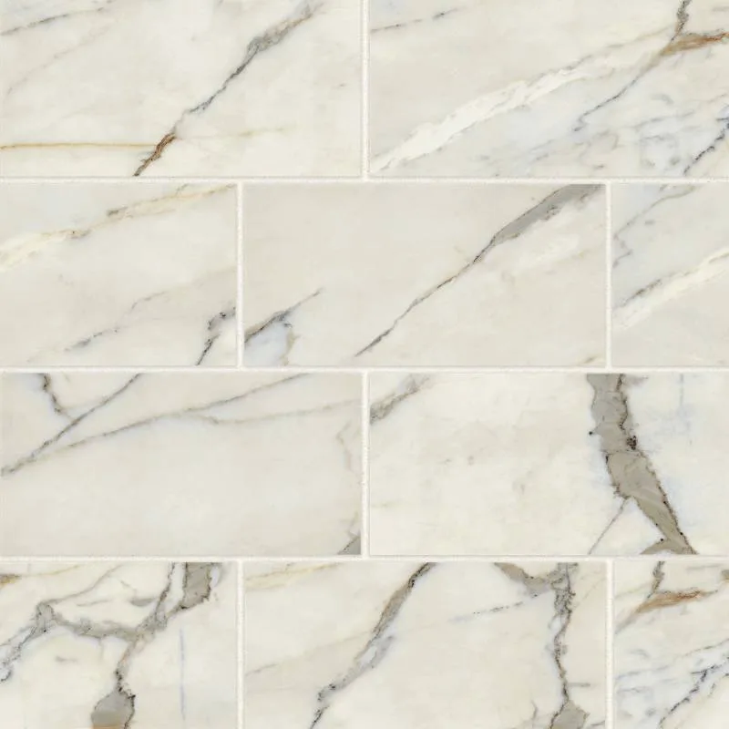 Calacatta porcelain tile in polished and matte finishes, 3x12 and 12x24 sizes, versatile for floors and walls