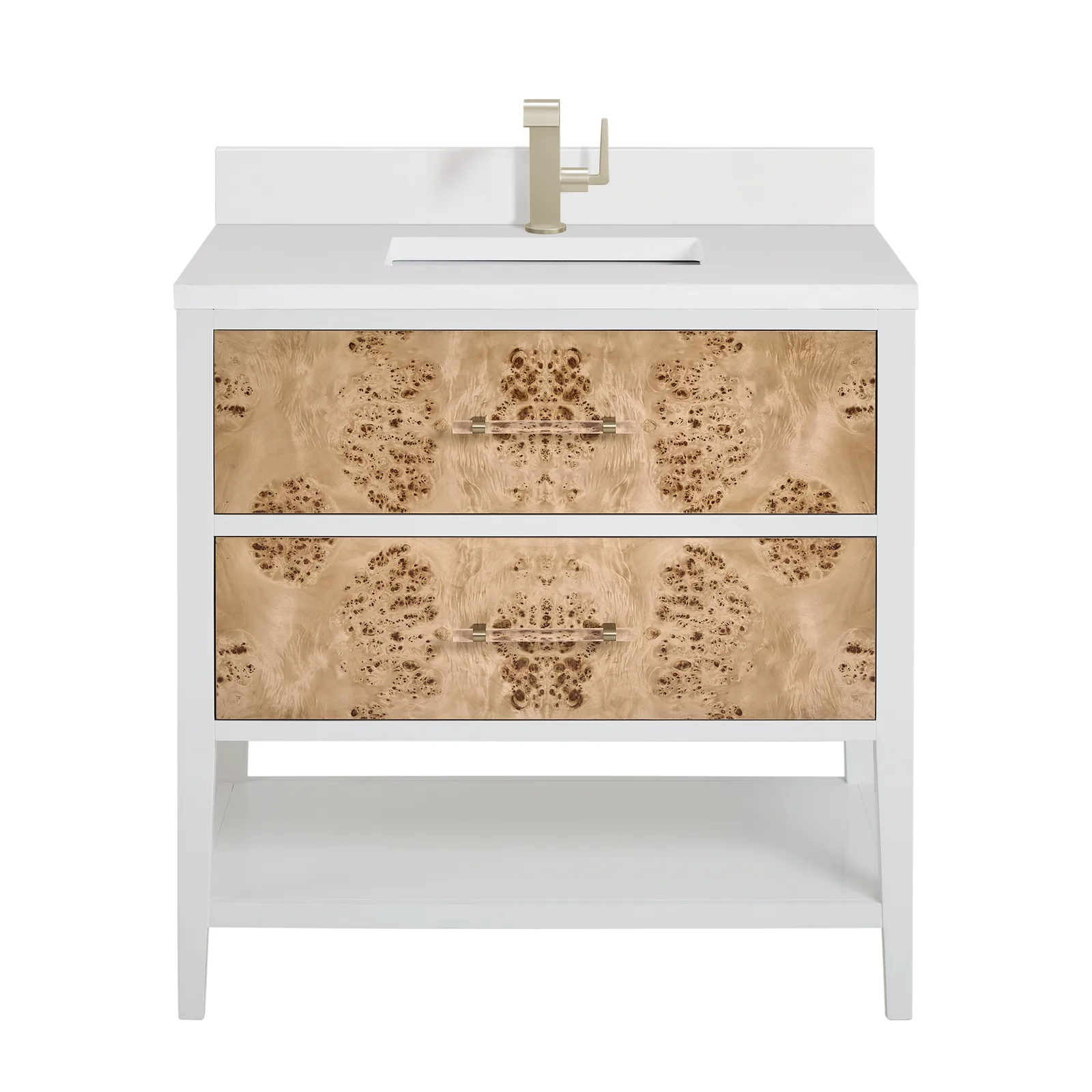 Olena 36" Vanity in Polished White and Light Mappa Burl, Beech material, modern luxe style