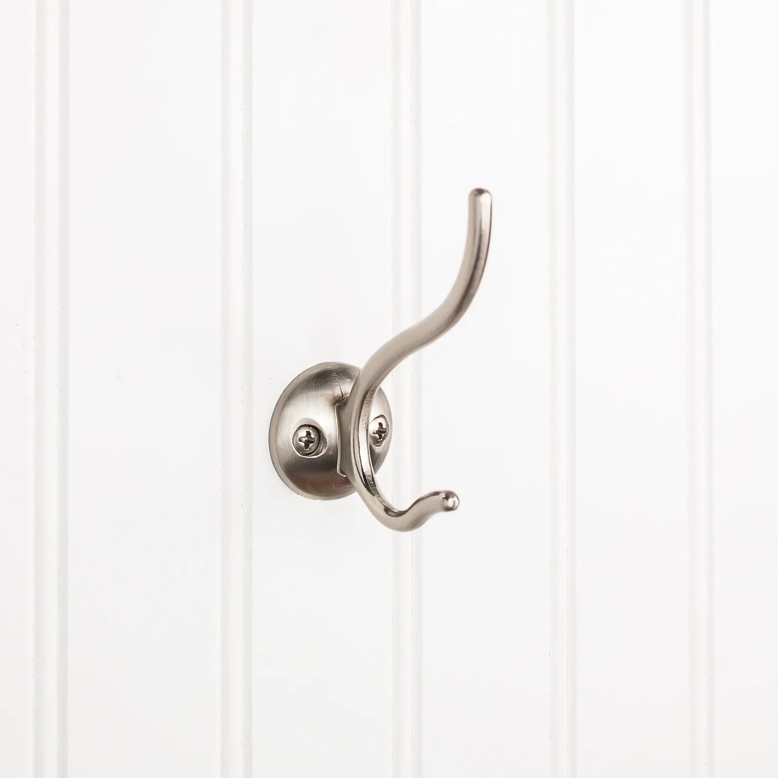 3-13/16" Double Zinc Wall Mount Hook in Satin Nickel finish, decorative hardware for stylish organization