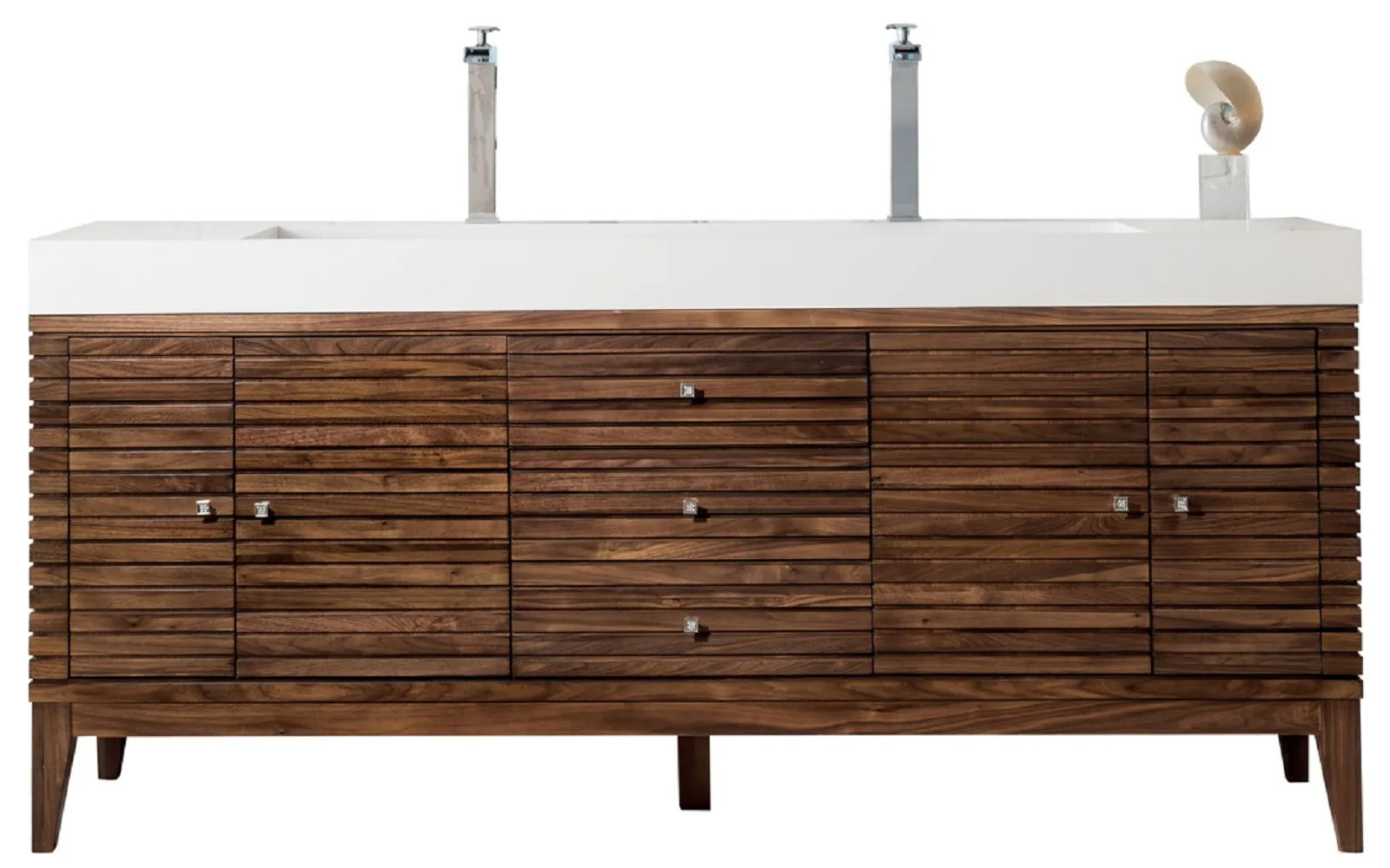 Linear 72.5" Vanity in Whitewashed Walnut with integrated sink and glossy white countertop, modern style, freestanding design.