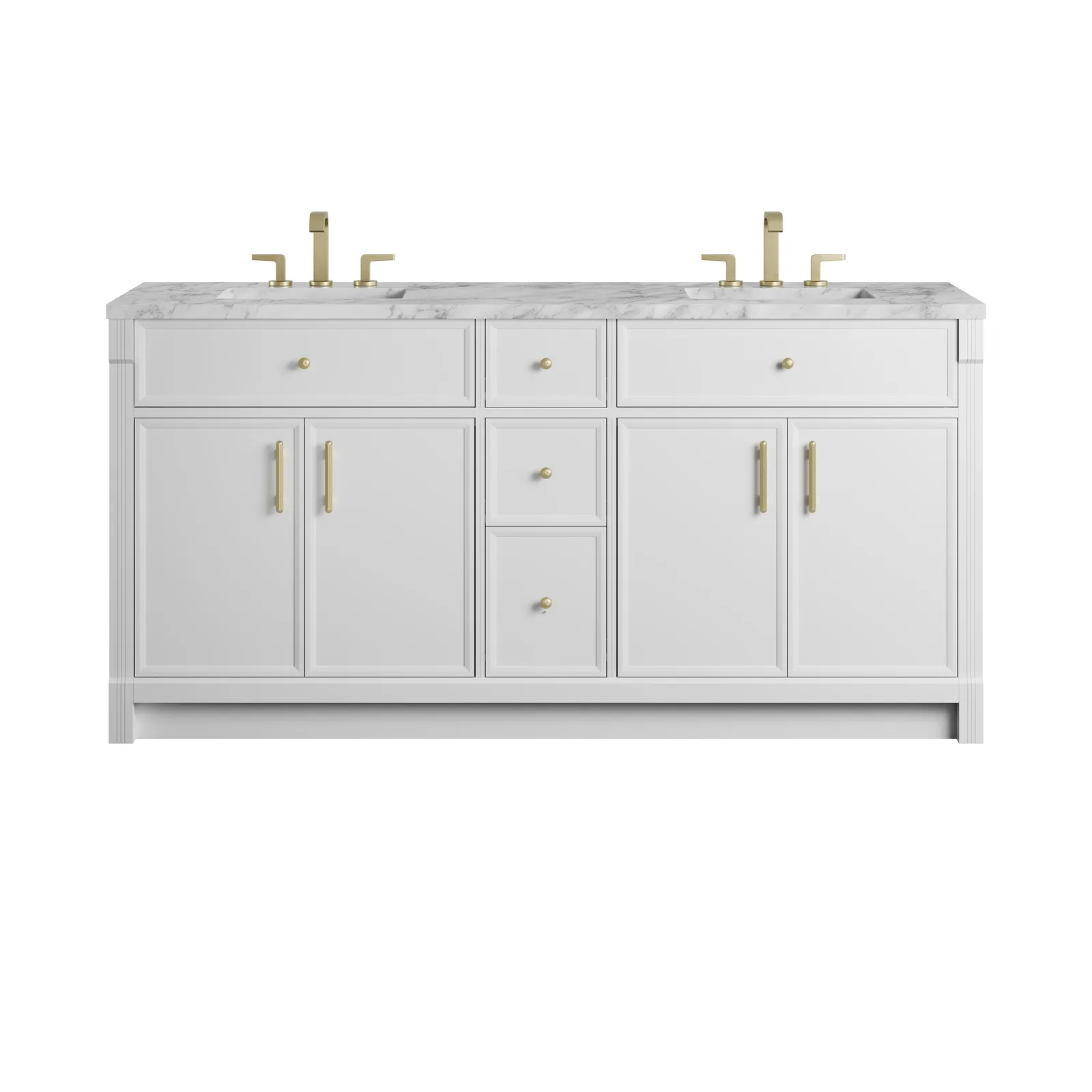 Bellshire 72" Vanity in Bright White, Poplar material, freestanding design, elegant Champagne Brass hardware