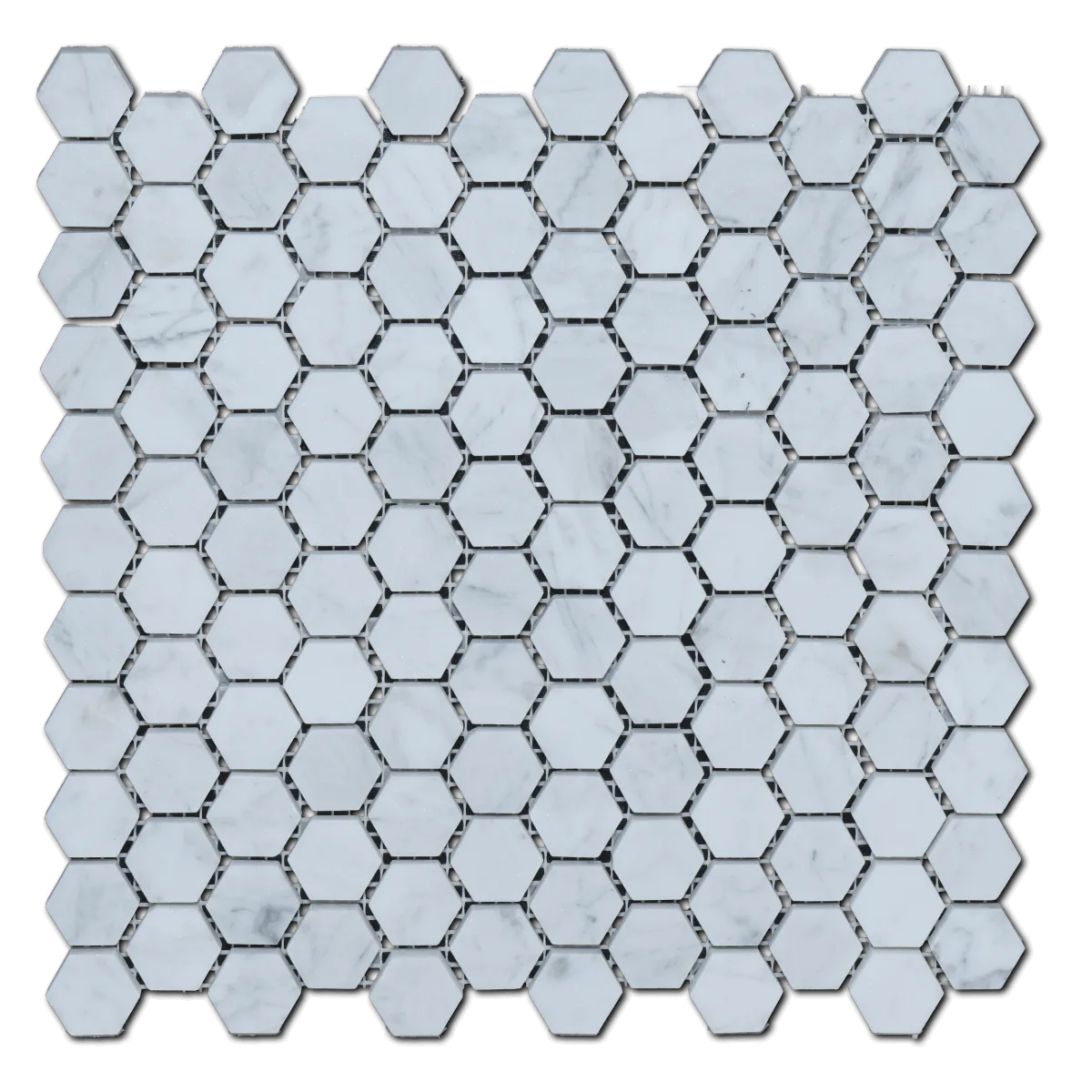 Carrara White 1" Hexagon Mosaic tile in honed polished finish, marble material