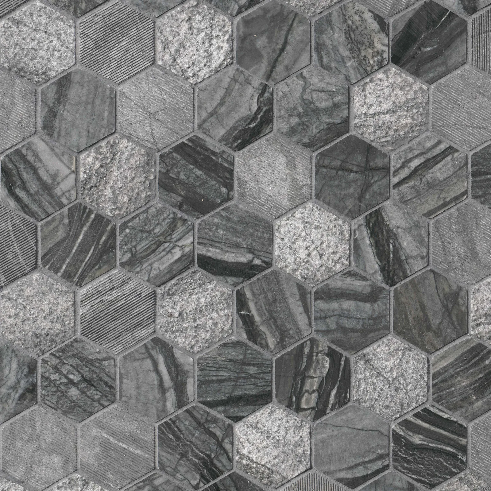 Henley 2 Hexagon Mosaic Tile in Black with multi-finish texture, 3/8 inch thick, made from marble