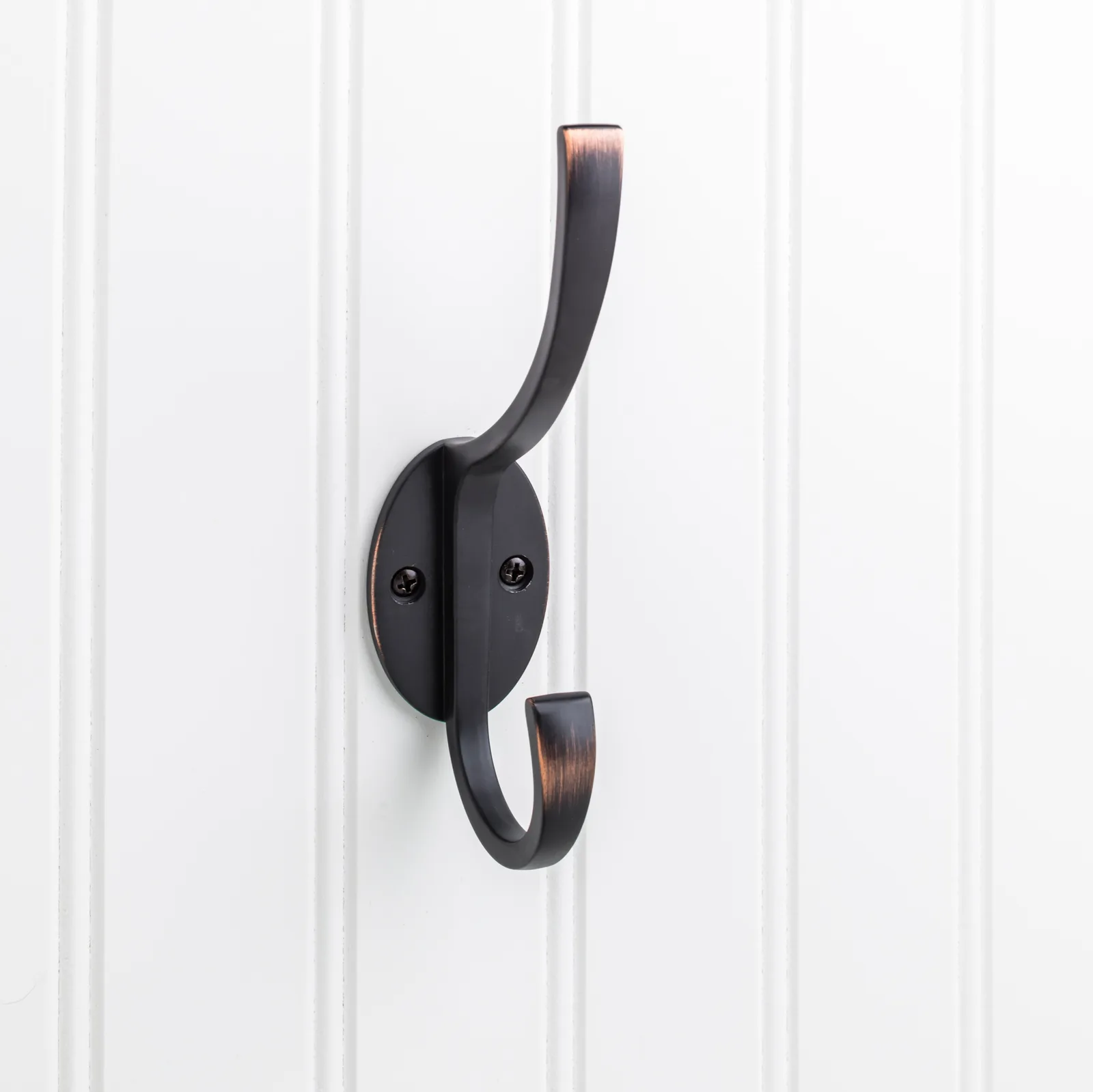 5-7/8" Double Zinc Wall Mount Hook in brushed oil rubbed bronze finish, decorative hardware, 2-1/2" projection, 1-1/2" width