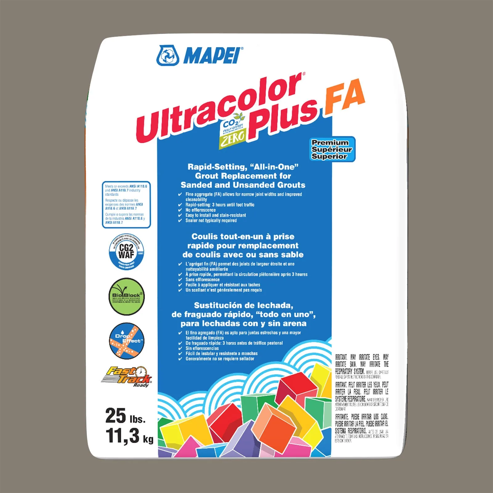 Mapei Ultracolor Plus FA Sahara Beige Grout 25-lb bag, all-in-one grout in a warm beige color, ideal for tile installations.